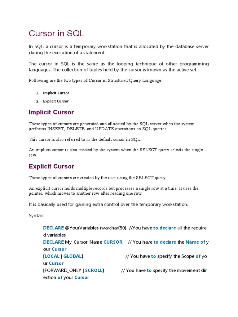 Cursor in SQL | PDF | Sql | Software Engineering