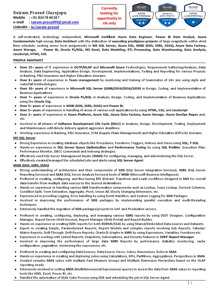 SQL Server, AzureSQL, MSBI, PowerBI, Azure Data Engineer Resume | PDF |  Microsoft Sql Server | Databases
