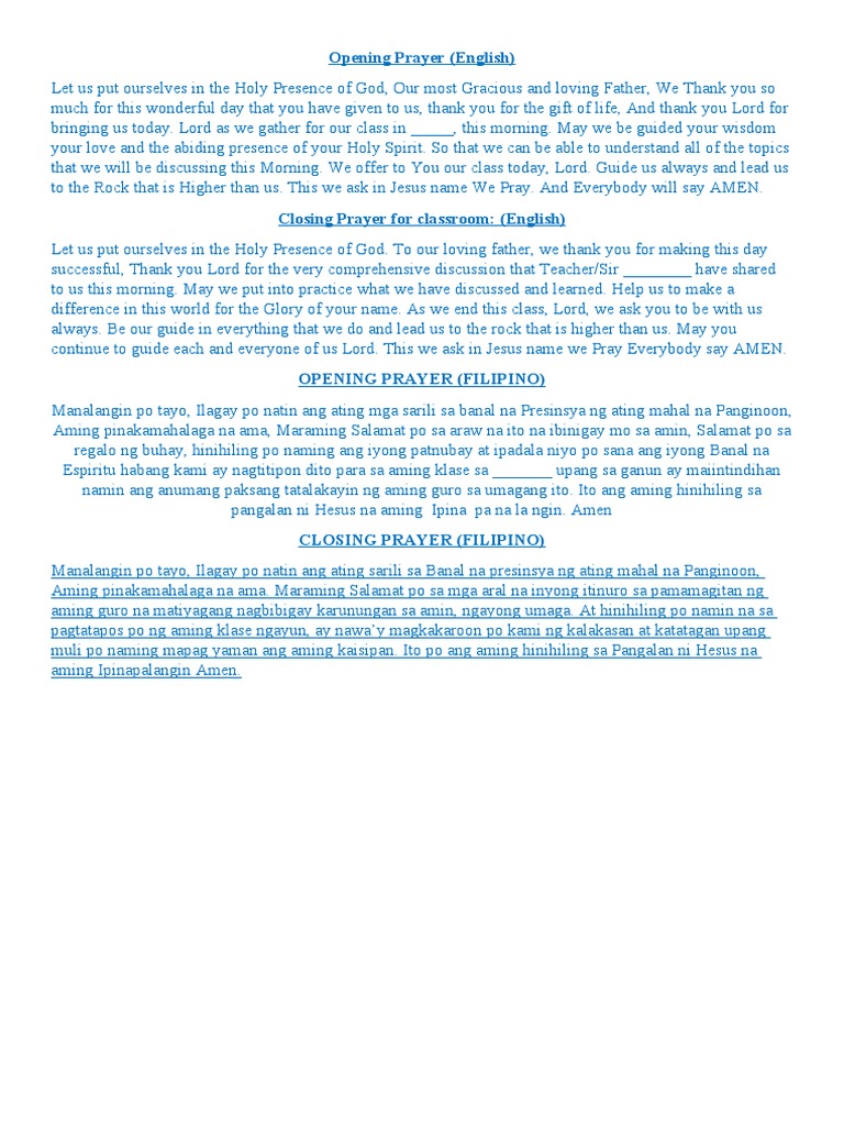 Classroom Useful Prayers For School (English and Filipino) | PDF ...