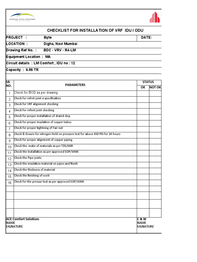 VRF Idu Odu Checksheet LM PDF Chemical Engineering Gas Technologies