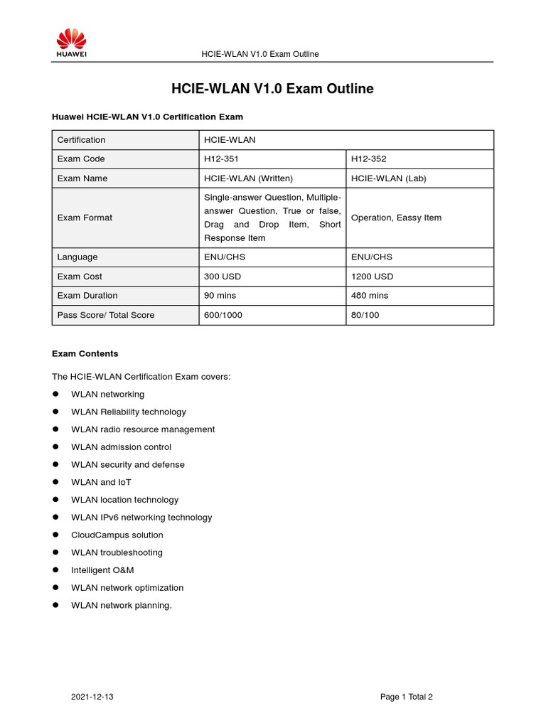 HCIE-WLAN V1.0 Exam Overview | PDF | Wireless Lan | Computer Network
