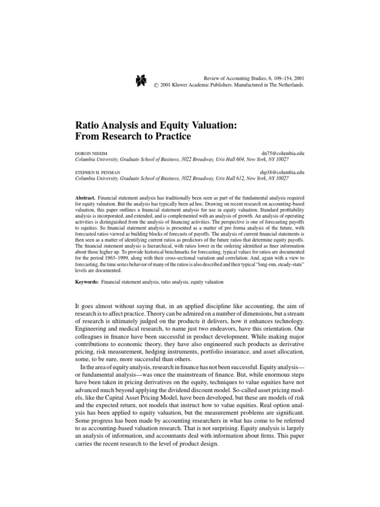 Ratio Analysis for Equity Valuation | PDF | Stock Valuation | Valuation ...
