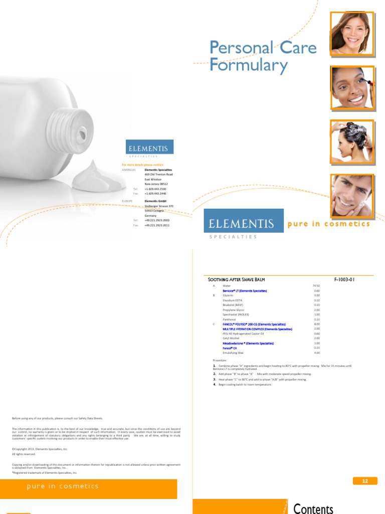 Elementis Personal Care Formulary Dec 2013 PDF Glycerol Cosmetics