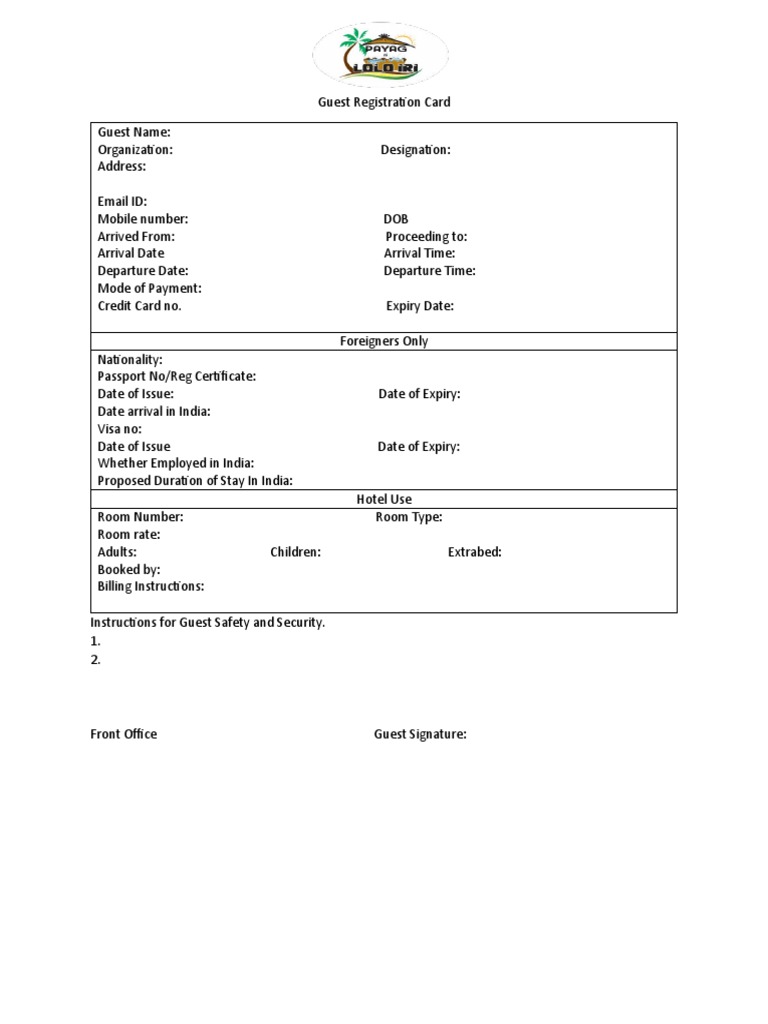 Hotel Guest Registration Card Template | PDF | Finance & Money ...