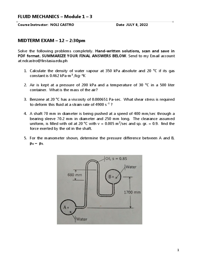 Fluid Mechanics Midterm Exam Problems | PDF | Pressure | Pressure ...