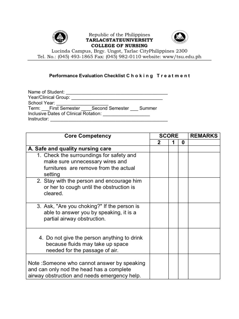 Checklist Choking Cardiopulmonary Resuscitation Medical Specialties