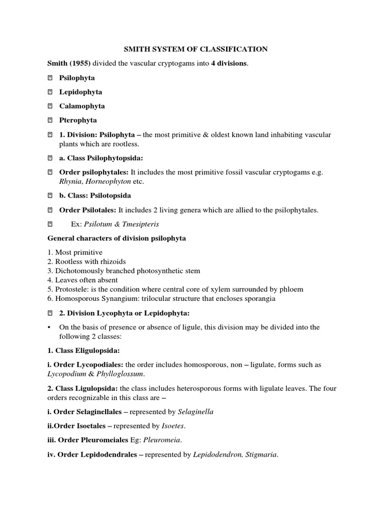 Smith's Classification of Pteridophytes | PDF | Plant Morphology ...