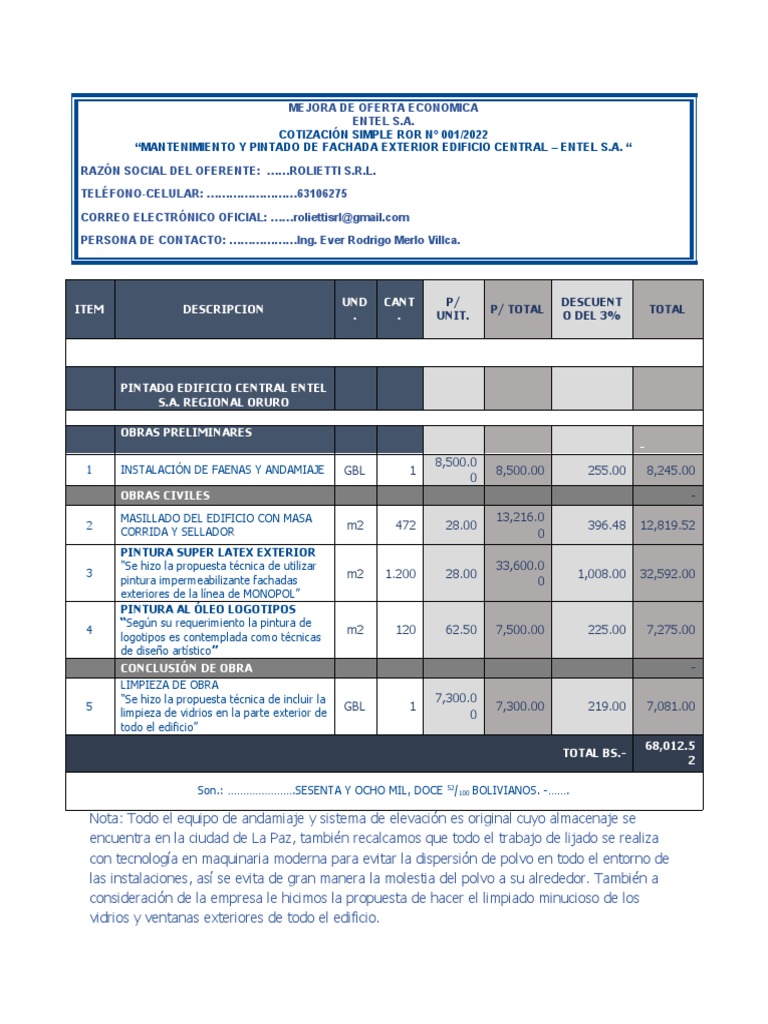 Mejora de Oferta Economica Fachada Entel Oruro | PDF