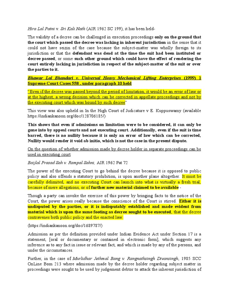 Admission of Decree Holder Regarding Limitation Executing Court PDF