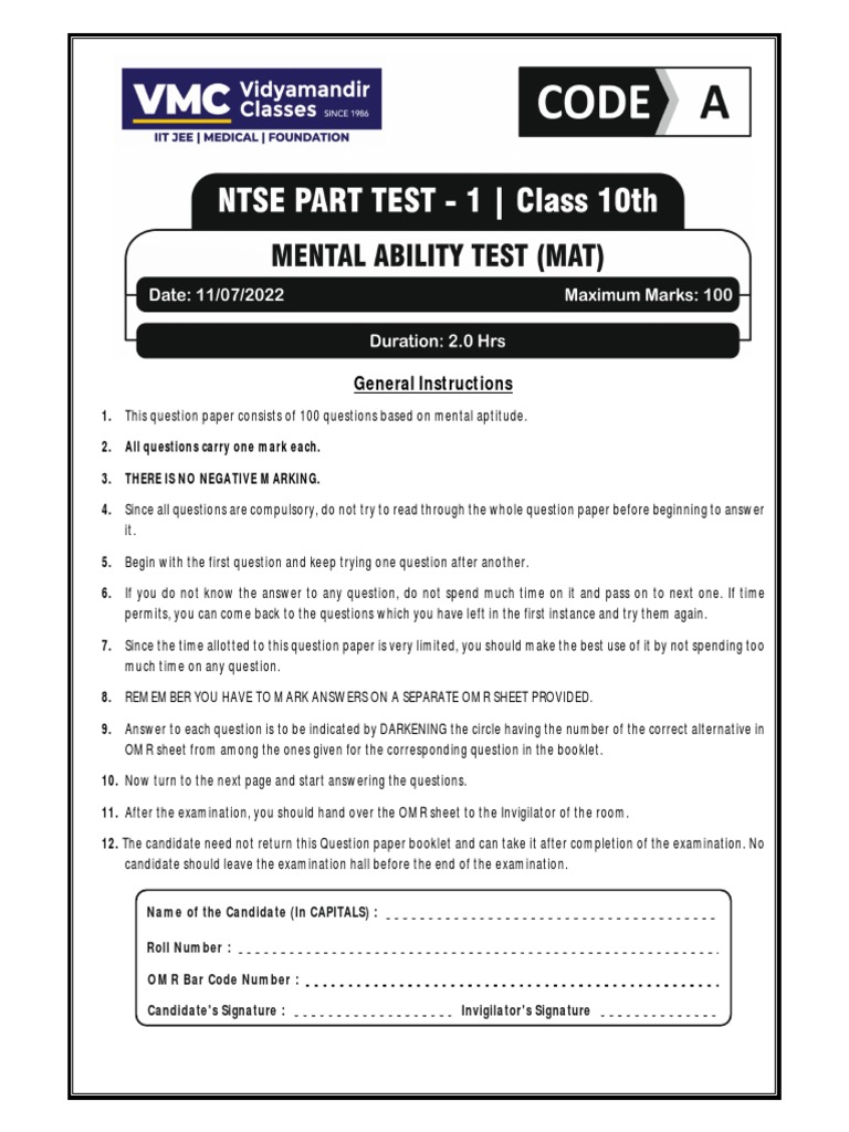 MAT Test 1 (Questions) PDF Test (Assessment) Question