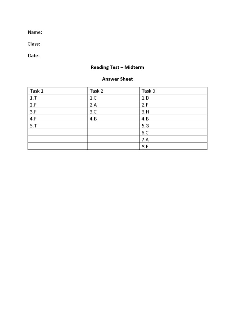 Midterm Reading Test Answer Sheet | PDF