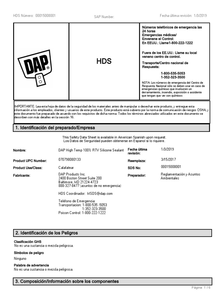 DAP High Temp 100 RTV Silicone Rubber Adhesive Sealant SDS 1876333