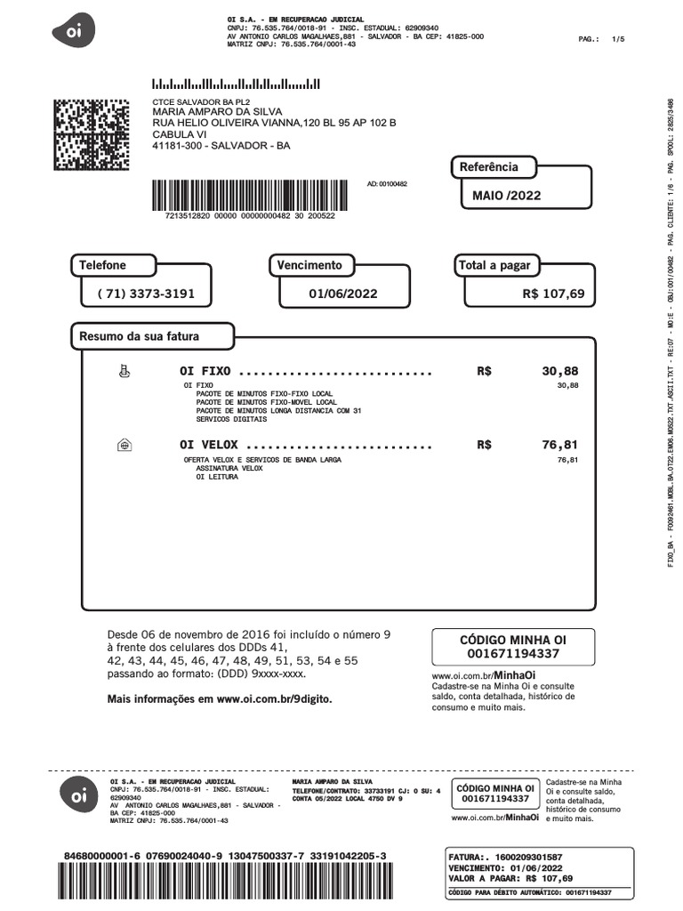 Fatura Oi S.A. - Maio 2022 | PDF | Telecomunicações | Brasil