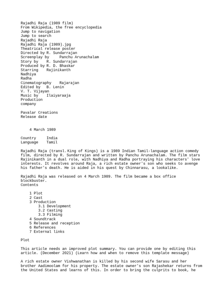 Rajadhi raja 1989 film pdf cinema of india south asian films