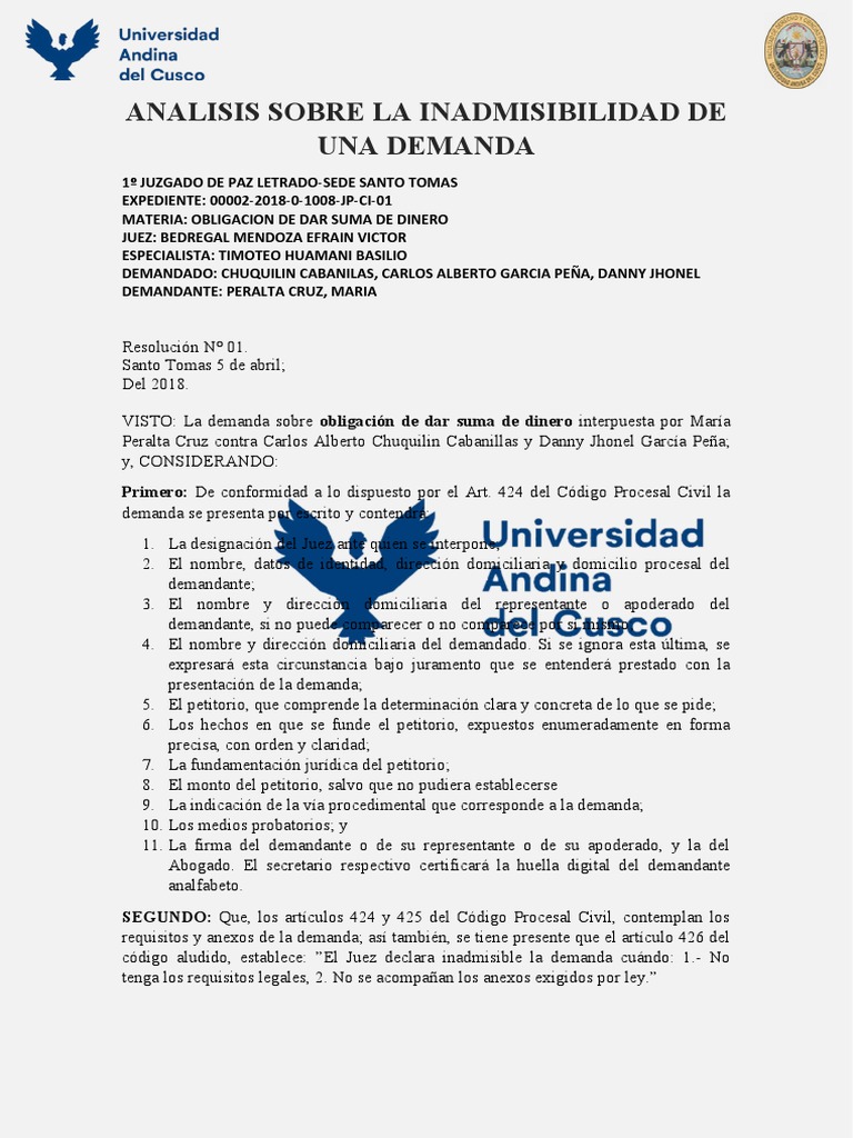 Analisis Sobre La Inadmisibilidad de Una Demanda PDF Demanda