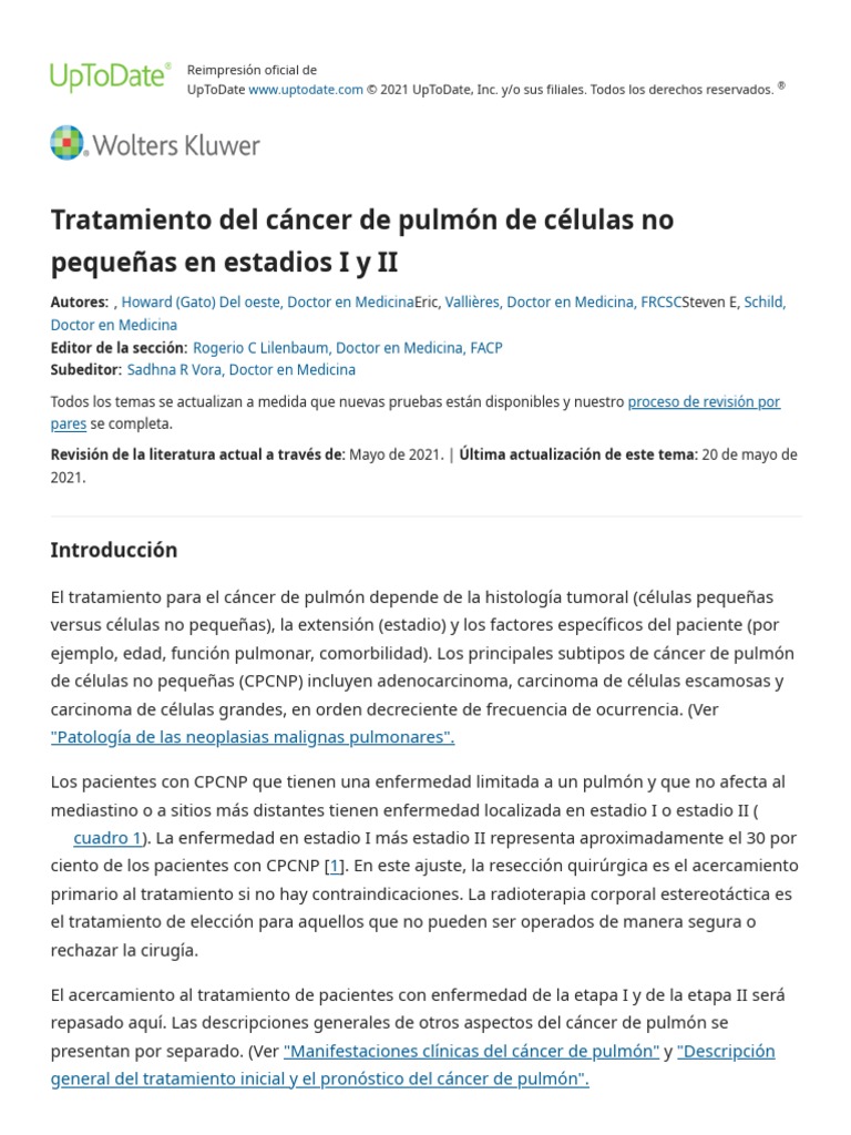 Management of Stage I and Stage II Non-Small Cell Lung Cancer ...
