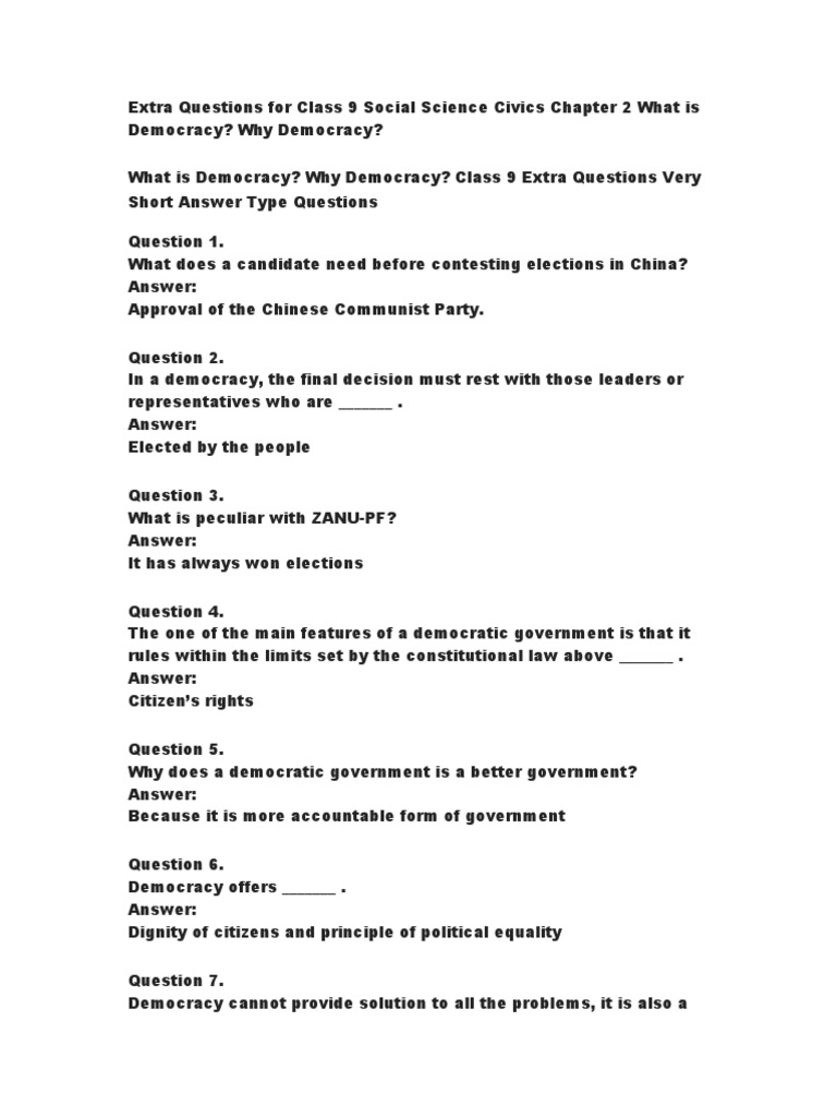 Chapter 1 Democracy Extra Questions PDF Democracy Political