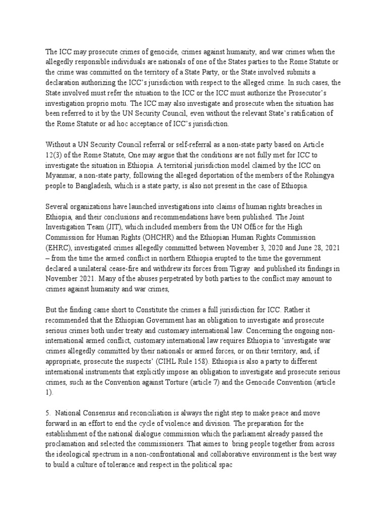 ICC Jurisdiction and Ethiopia's Human Rights Issues | PDF ...