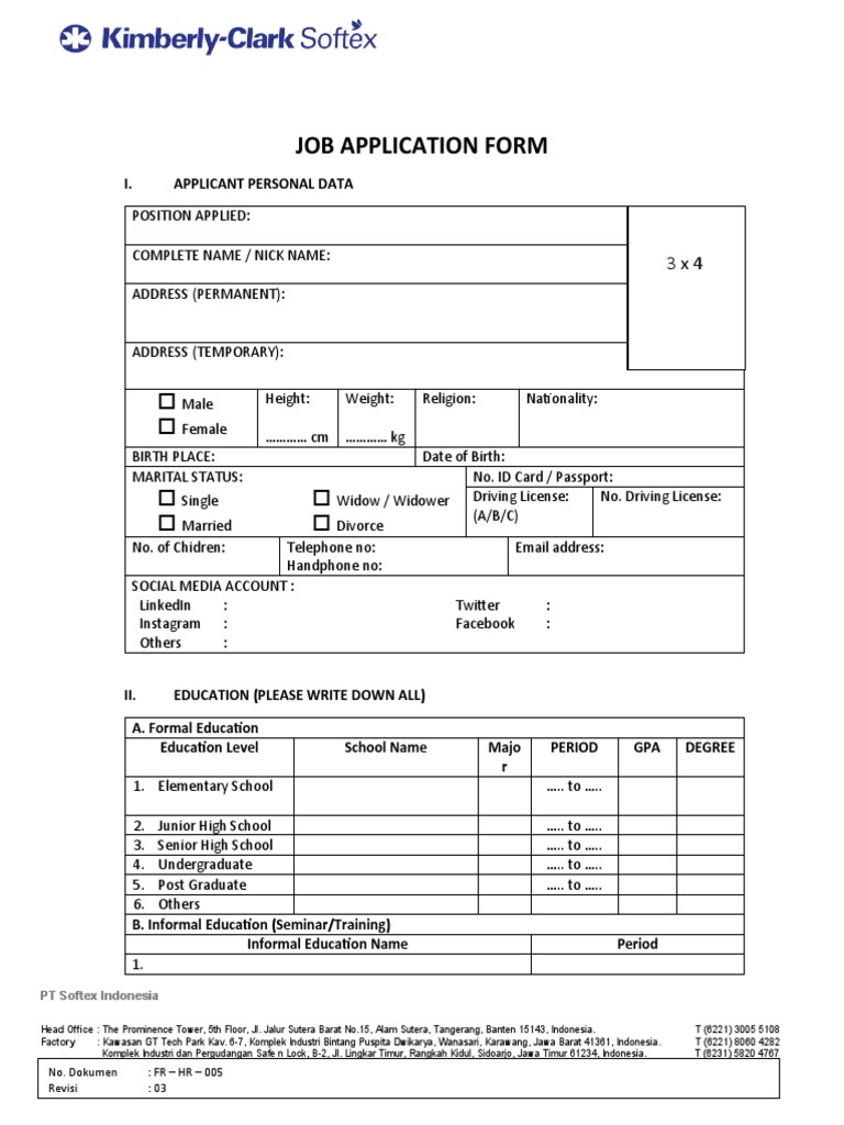 Job Application Form KimberlyClark Softex PDF Social