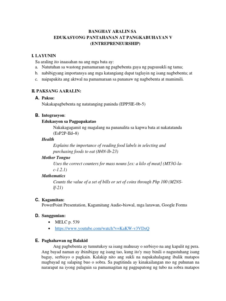 BANGHAY ARALIN SA EPP V - Entrepreneurship | PDF