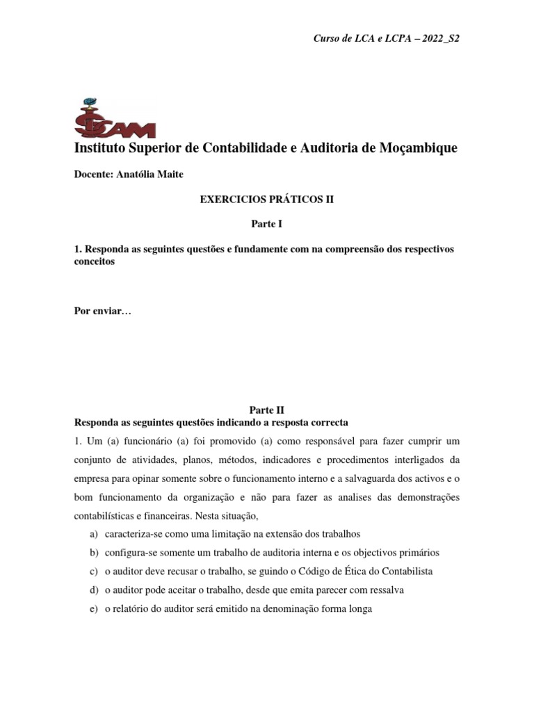Exercícios Práticos II sobre Auditoria Interna e Controle Interno | PDF ...