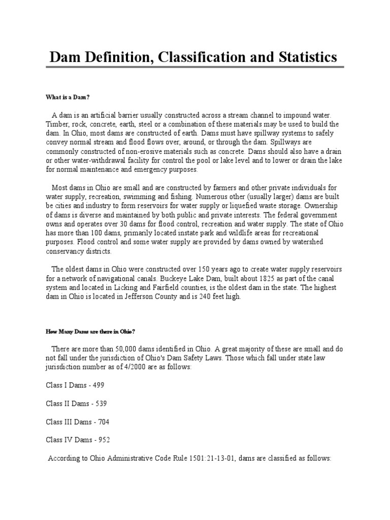 Dam Definition Classification and Statistics PDF Dam Flood
