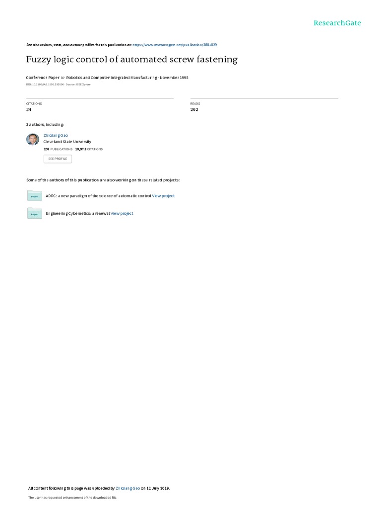 Fuzzy Logic Control of Automated Screw Fastening PDF Fuzzy Logic