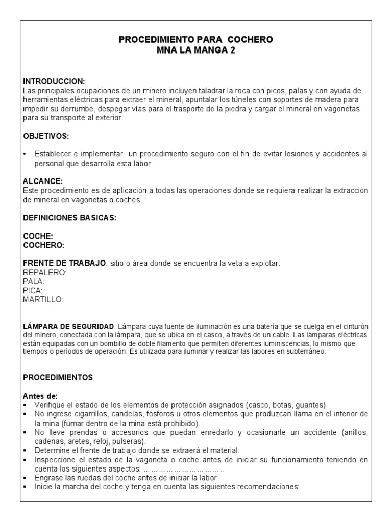 Procedimiento para Cochero | PDF | Minería | Seguridad y salud ocupacional