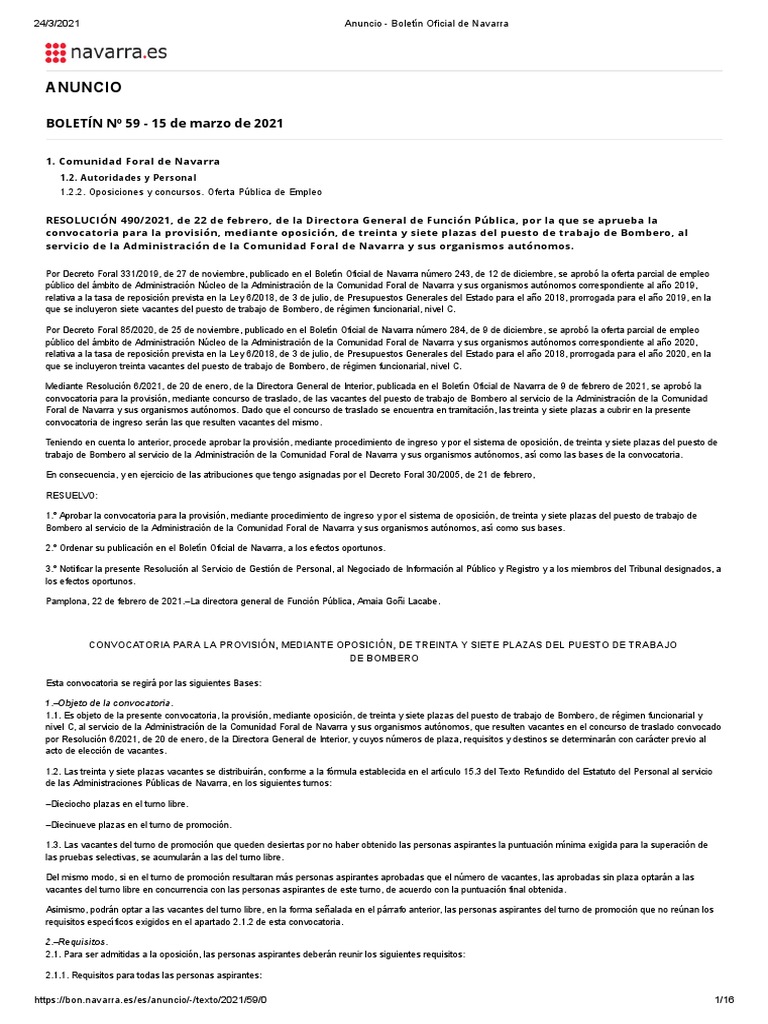37 Plazas Boletín Oficial de Navarra Marzo 2021 PDF Parlamento