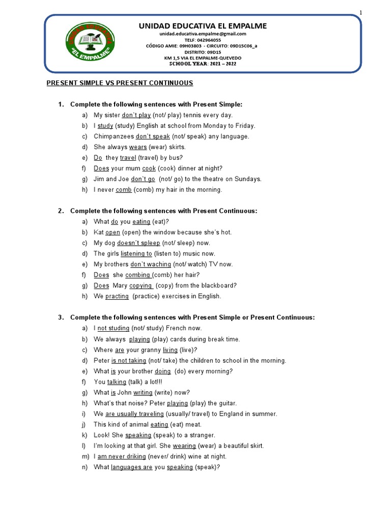 Present Simple and Continuous | PDF | Classroom