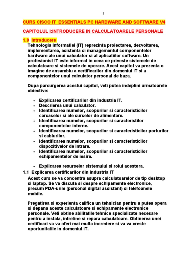 Descrieti Pe Scurt Rolul Calculatoarelor Din Reteaua Internet Cisco It Essentials PC Hardware and Software V4-Subliniat PT Examen | PDF