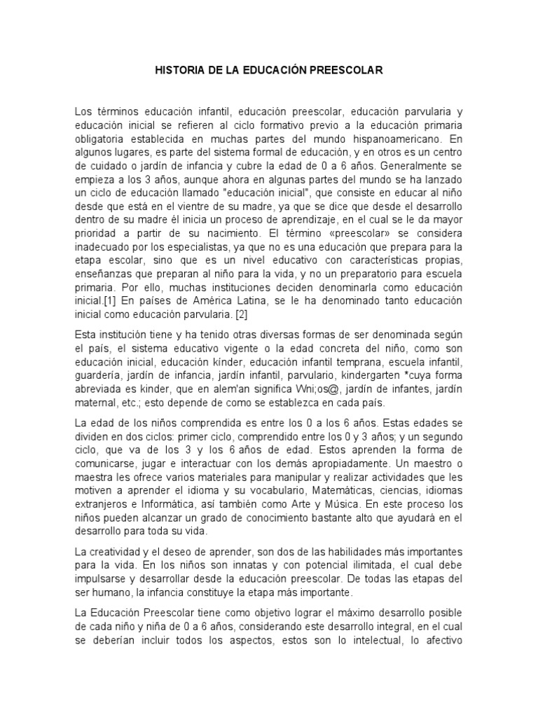 Historia de La Educación Preescolar | PDF | Educación de la primera ...