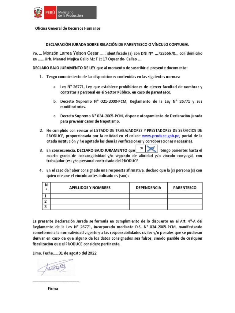 Declaración Jurada de Parentesco en PRODUCE | PDF | Parentesco | Gobierno