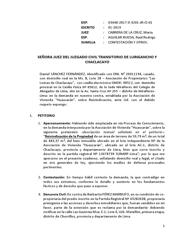Contestación de Demanda Por Reivindicación | PDF | Demanda judicial ...