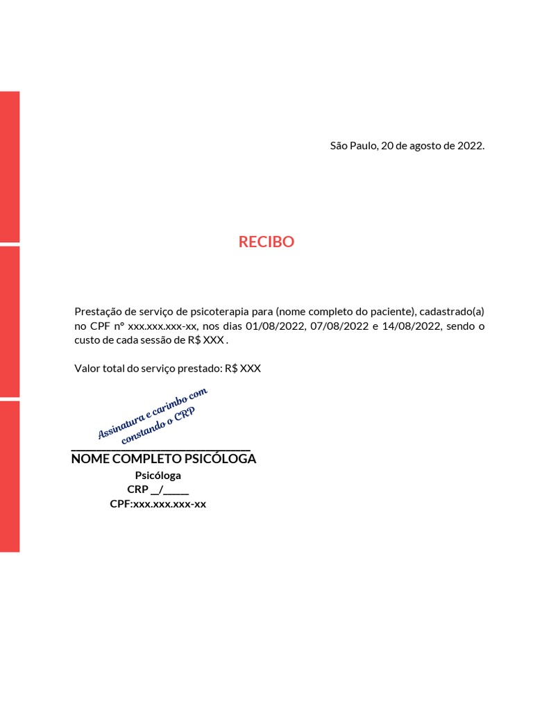 Modelo de recibo para psicoterapia serve para pedido de reembolso no