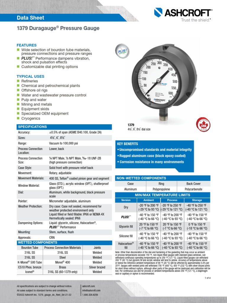 1379 Duragauge Pressure Gauge Data Sheet PDF Pipe (Fluid