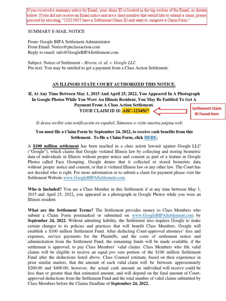 Google BIPA Settlement Notice | PDF | Settlement (Litigation) | Lawsuit