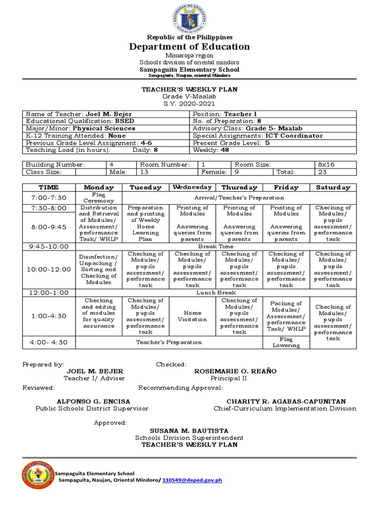 Teacher Weekly Plan | PDF | Teachers | Academic Term