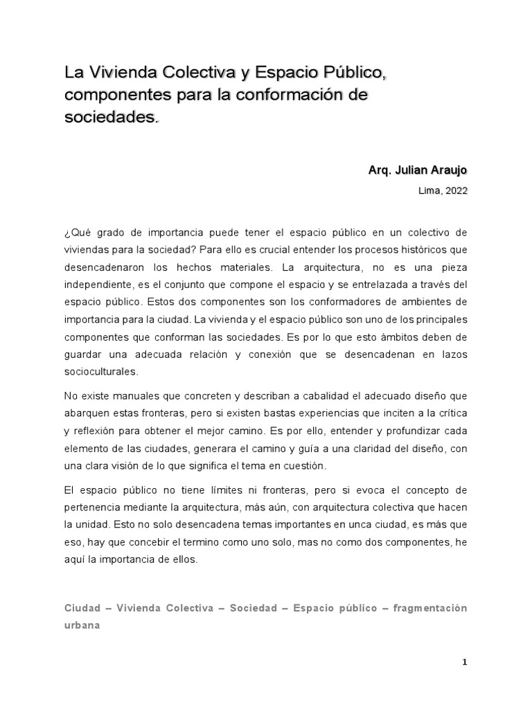 Vivienda Colectiva y Espacio Publico - Araujo | PDF | Ciudad | Lima