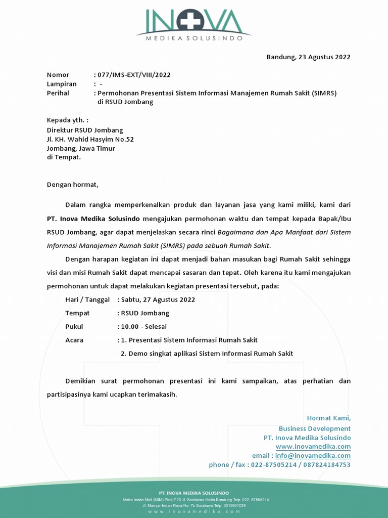 Surat Permohonan Presentasi RSUD Jombang | PDF