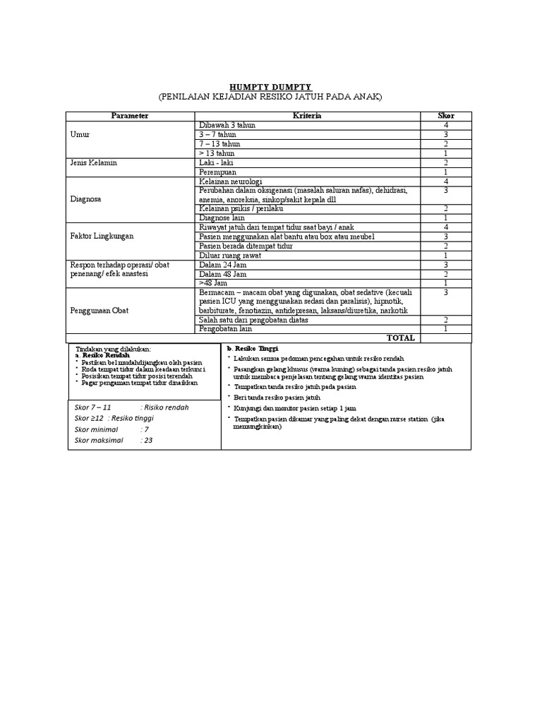 Humpty Dumpty's Fall Risk Assessment | PDF