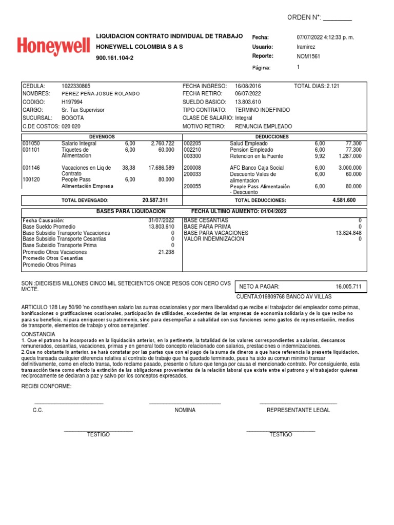 Liquidacion Contrato Individual de Trabajo Honeywell Colombia S A S 900