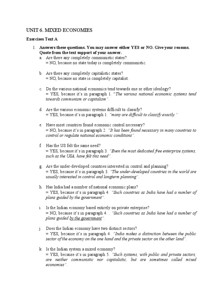 The Answer Unit 6. Mixed Economies PDF Capitalism Economic System