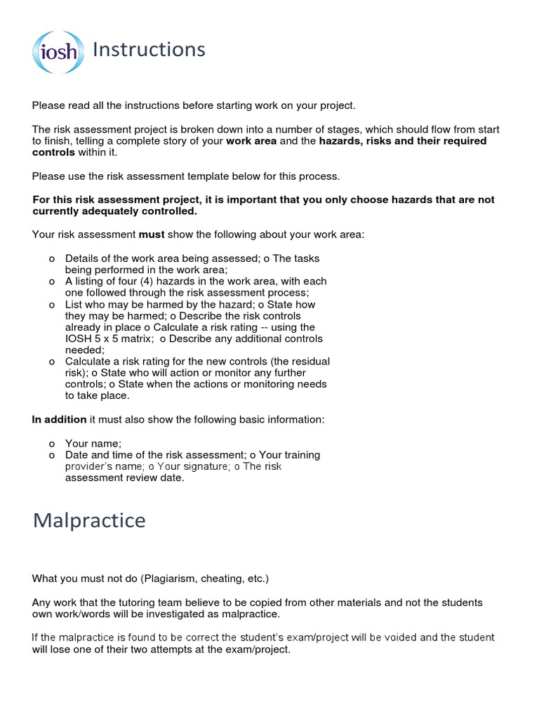 IOSH Risk Assessment Project Guide | PDF | Risk | Risk Assessment