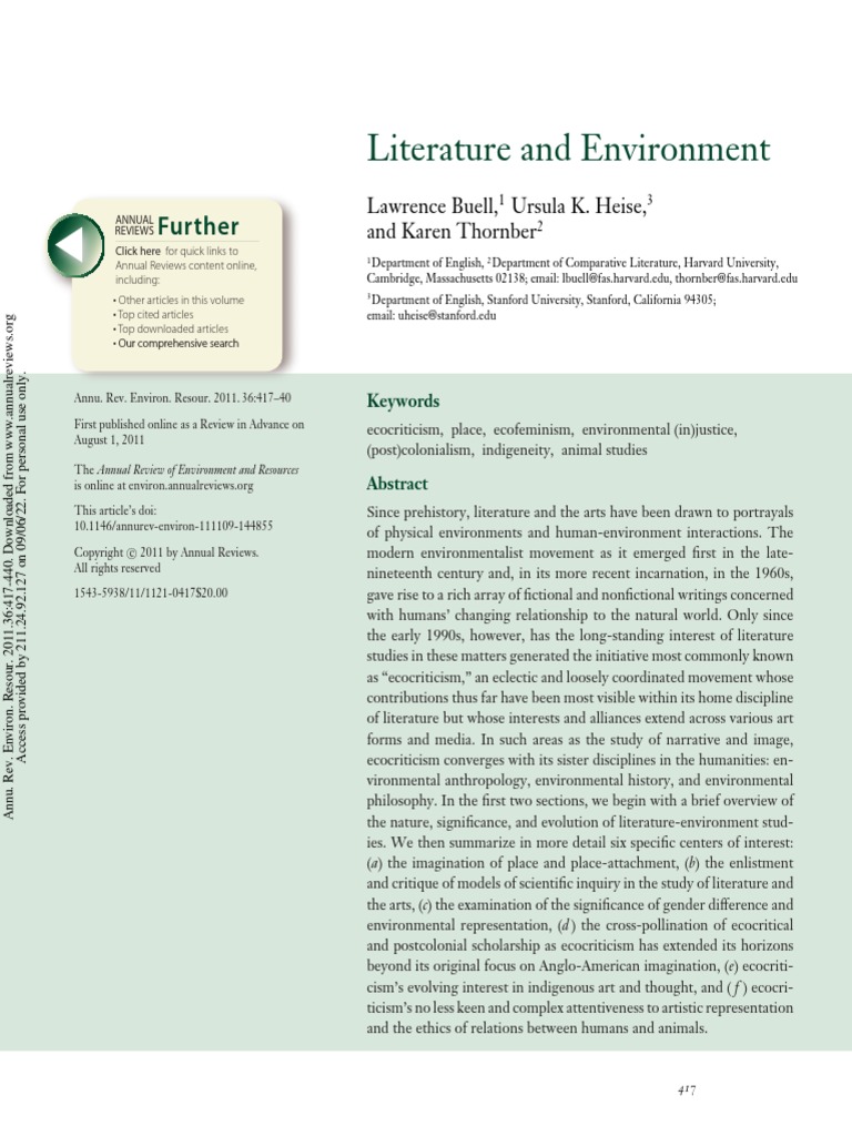 Literature and Environment PDF Ecocriticism Humanities
