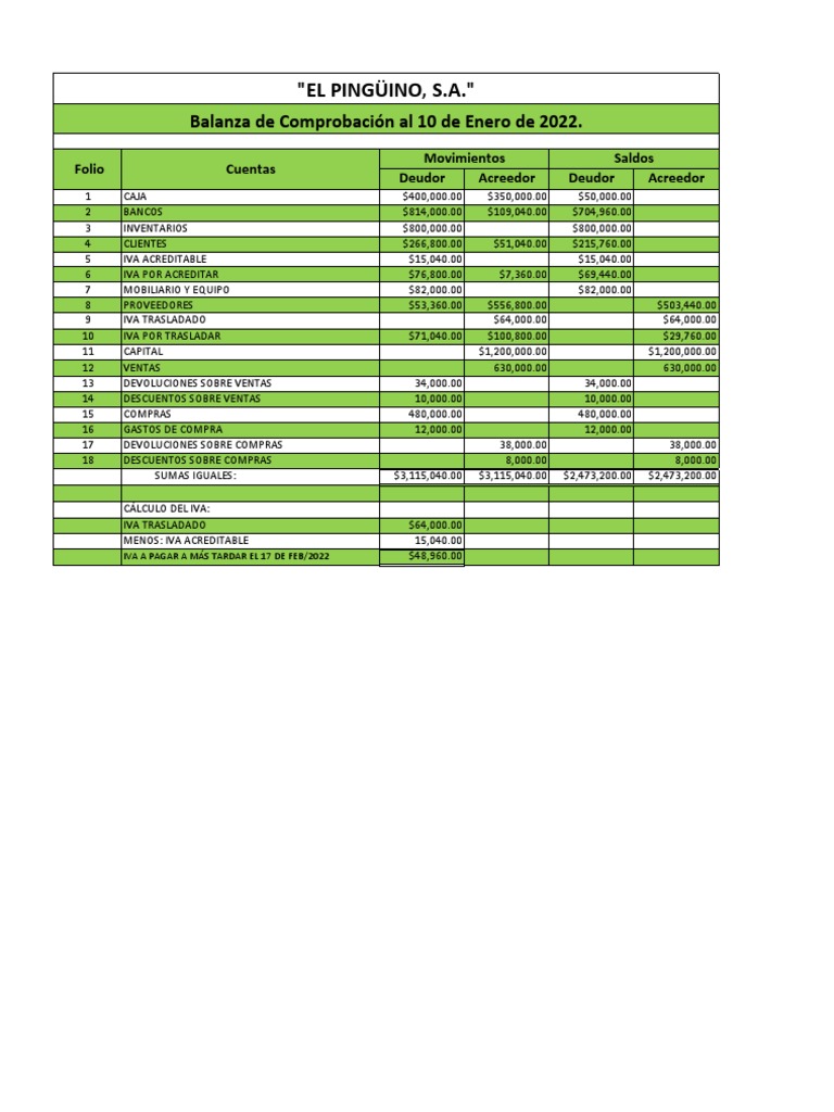 7c. Ejerc. 1 Balanza de Comprob. Proc. Analítico El Pingüino, s.a. | PDF