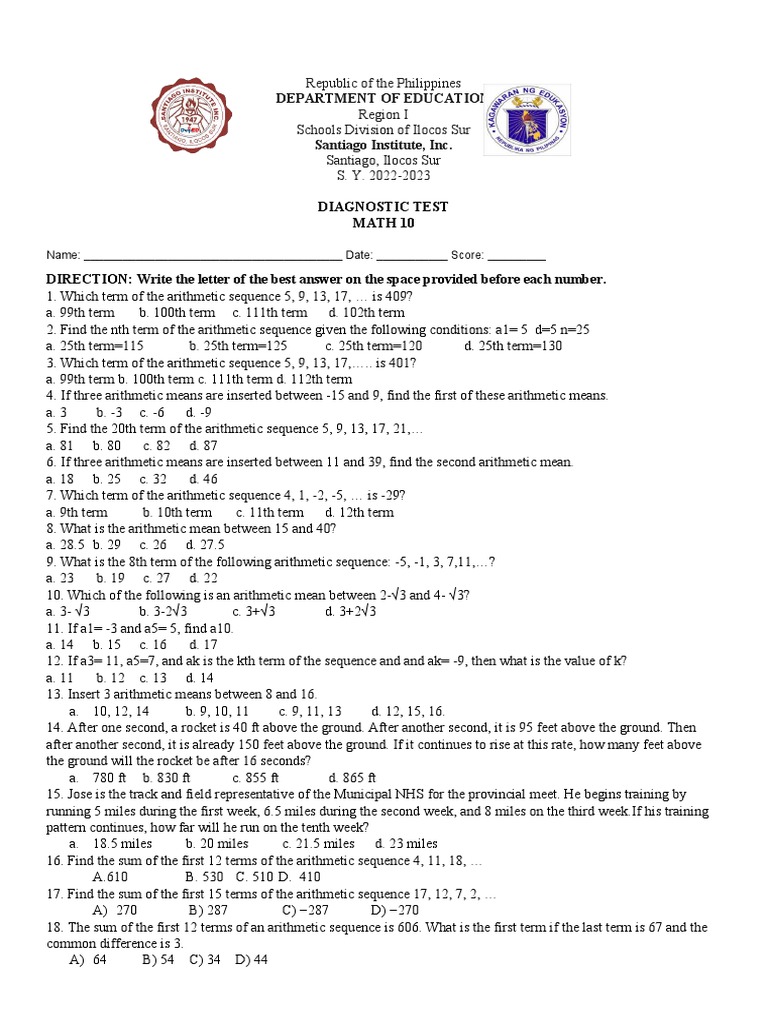 Grade 10 Math Diagnostic Test 2022-2023 | PDF | Mathematics | Arithmetic