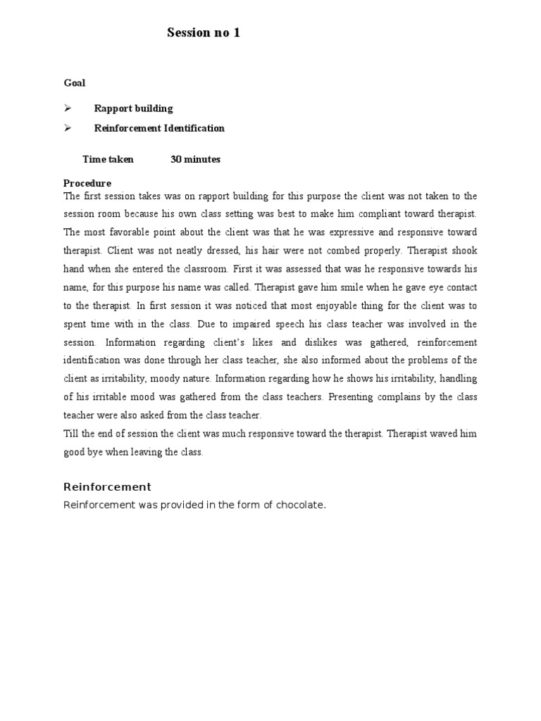 Session No 1: Goal Rapport Building Reinforcement Identification Time ...