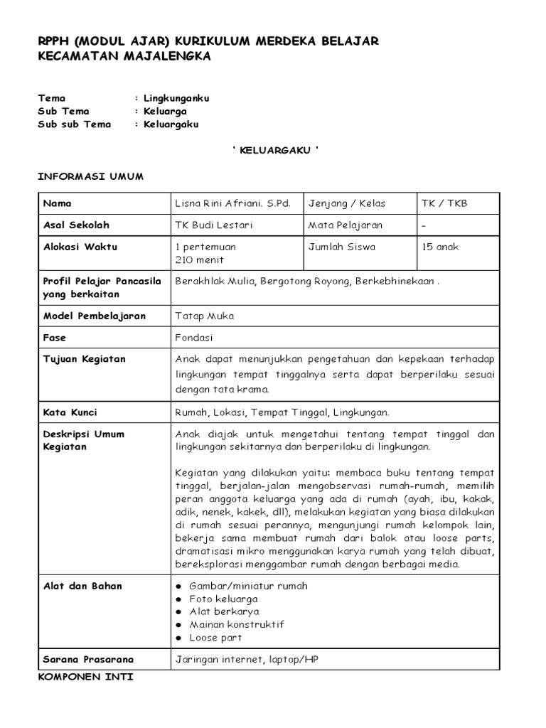 RPPH Keluargaku untuk TK Kurikulum Merdeka | PDF | Seni & Disiplin ...