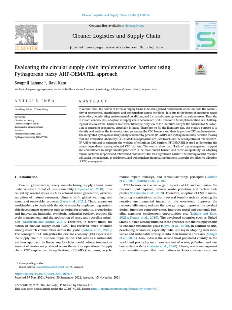Cleaner Logistics and Supply Chain Swapnil Lahane, Ravi Kant PDF Sustainability Supply Chain